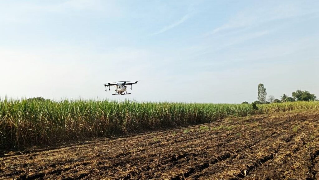 Demonstration of drone spraying of sugarcane crop by Mahatma Phule Agricultural University