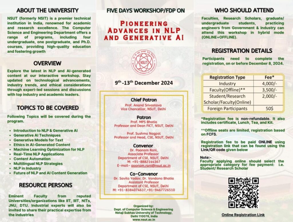 Workshop on "Pioneering Advances in NLP and Generative AI" at NSUT