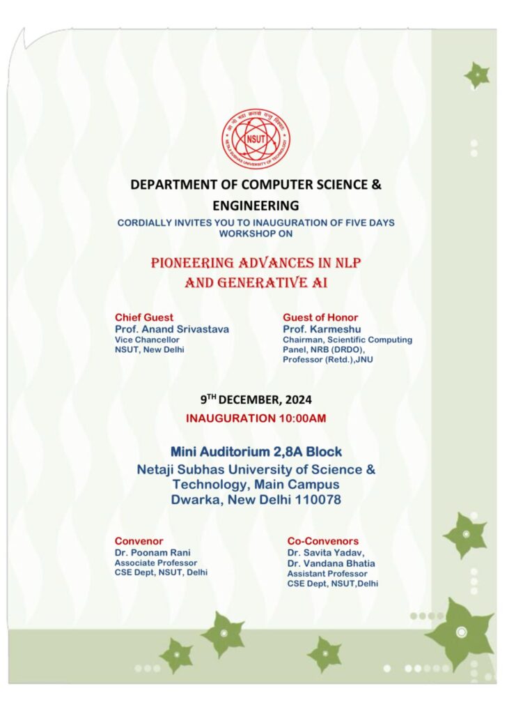 Workshop on "Pioneering Advances in NLP and Generative AI" at NSUT Delhi