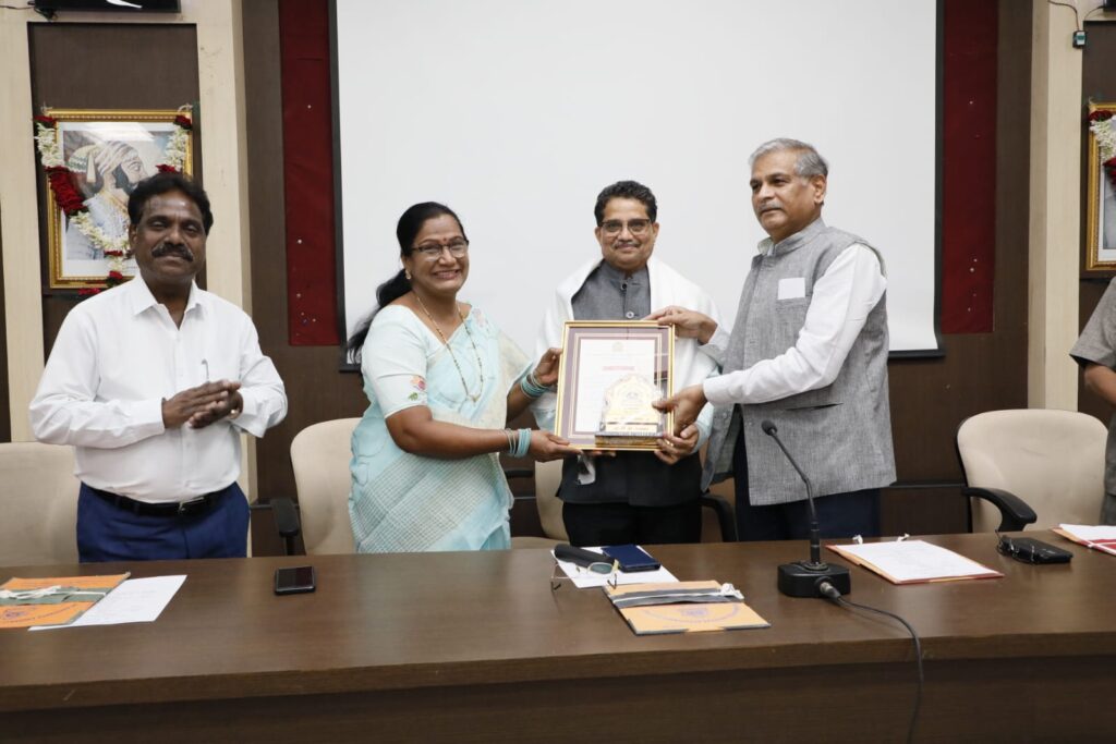 Dr. Bhalchandra Waikar and Ahilyatai Waikar were felicitated by Hon. Vice Chancellor Dr. Vijay Phulari. On this occasion, Pro-Vice Chancellor Dr. Valmik Sarvade.