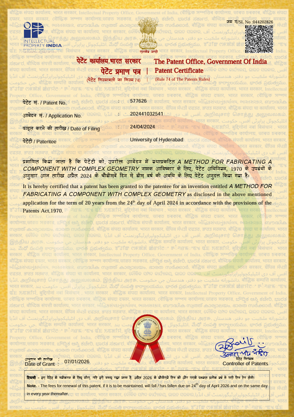 Complex Geometry Patent Granted to University of Hyderabad Researchers