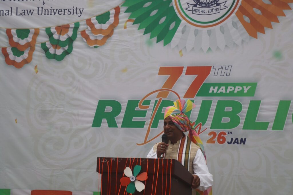The 77th Republic Day was celebrated with great enthusiasm at Dharmashastra National Law University, Jabalpur.